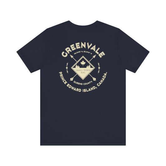 Greenvale, Prince Edward Island.  Canada.  T-shirt, Cream on Navy, Gender Neutral.