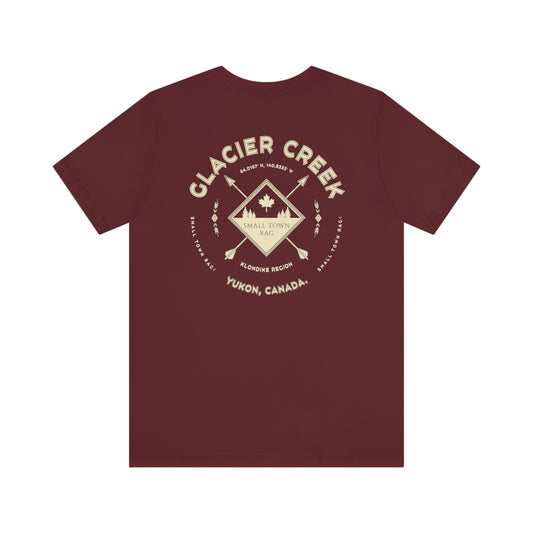 Glacier Creek, Yukon.  Canada.  Cream on Maroon, Gender Neutral, T-shirt, Designed by Small Town Rag.