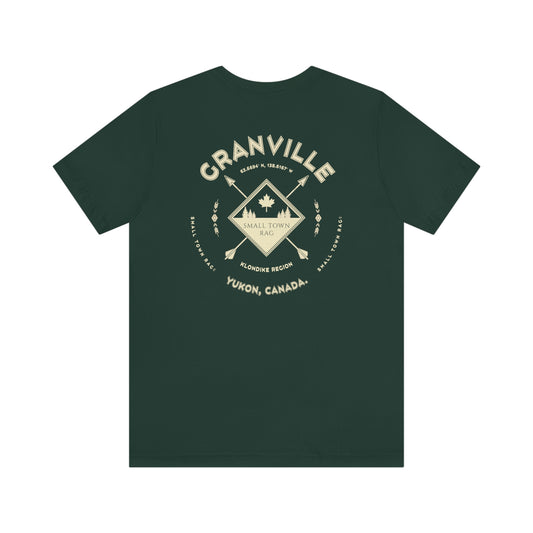 Granville, Yukon.  Canada.  Cream on Forest Green, Gender Neutral, T-shirt, Designed by Small Town Rag.