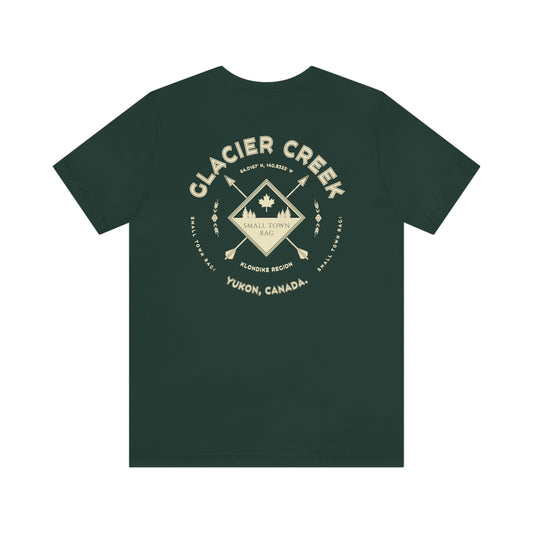 Glacier Creek, Yukon.  Canada.  Cream on Forest Green, Gender Neutral, T-shirt, Designed by Small Town Rag.