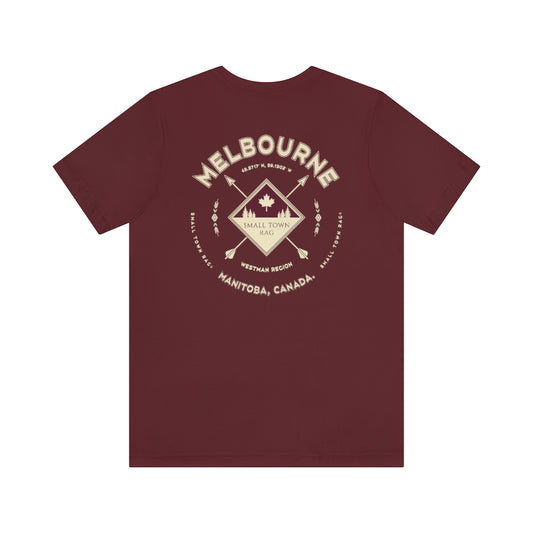 Melbourne, Manitoba.  Canada.  Cream on Maroon, Gender Neutral, T-shirt, Designed by Small Town Rag.