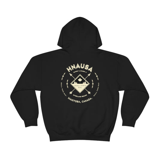 Hnausa, Manitoba.  Canada.  Cream on Black, Pull-over Hoodie, Hooded Sweater Shirt, Gender Neutral.