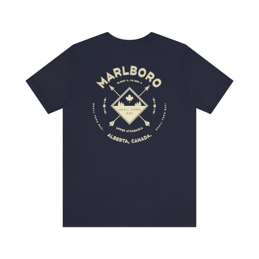 Marlboro, Alberta.  Canada.  Cream on Navy, Gender Neutral, T-shirt, Designed by Small Town Rag.