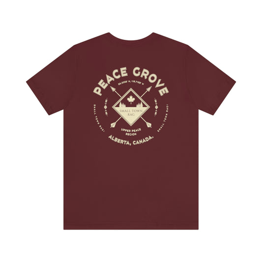 Peace Grove, Alberta.  Canada.  Cream on Maroon, Gender Neutral, T-shirt, Designed by Small Town Rag.