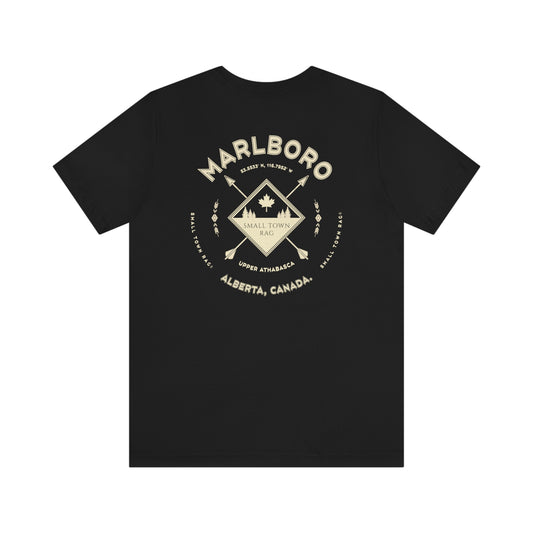 Marlboro, Alberta.  Canada.  Cream on Black, Gender Neutral, T-shirt, Designed by Small Town Rag.