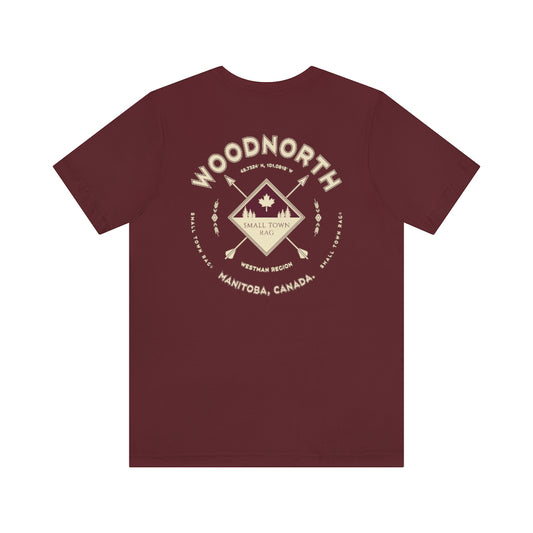 Woodnorth, Manitoba.  Canada.  Cream on Maroon, Gender Neutral, T-shirt, Designed by Small Town Rag.