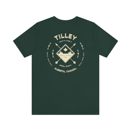 Tilley, Alberta.  Canada.  Cream on Forest Green, Gender Neutral, T-shirt, Designed by Small Town Rag.